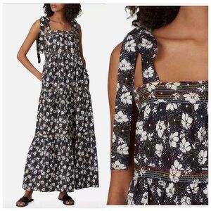 Warm Big Love Floral Tiered Maxi Dress Black White Rainbow Stitch Cotton Small
